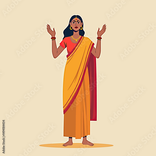 Flat minimalist illustration of a person in traditional sari or dhoti with bindi, standing with hands raised in spiritual devotion, no gender indicated

