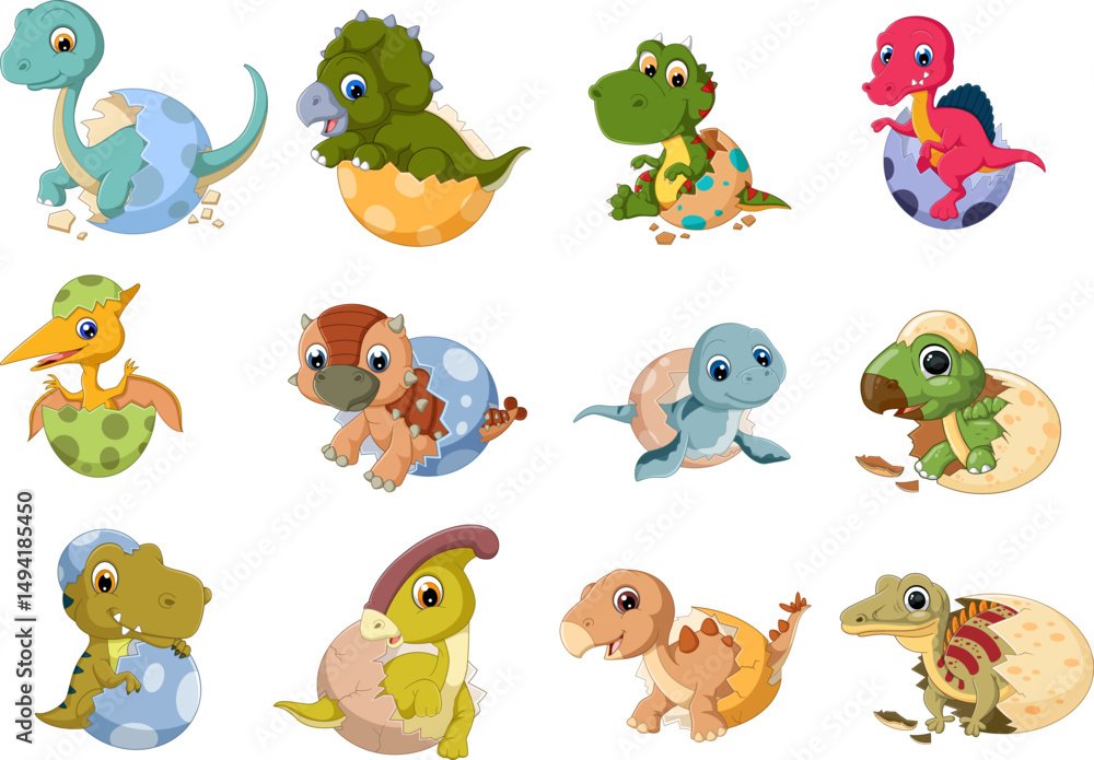 Obraz premium Funny smiling new born prehistoric dino reptiles in shells collection. Jurassic period wild nature