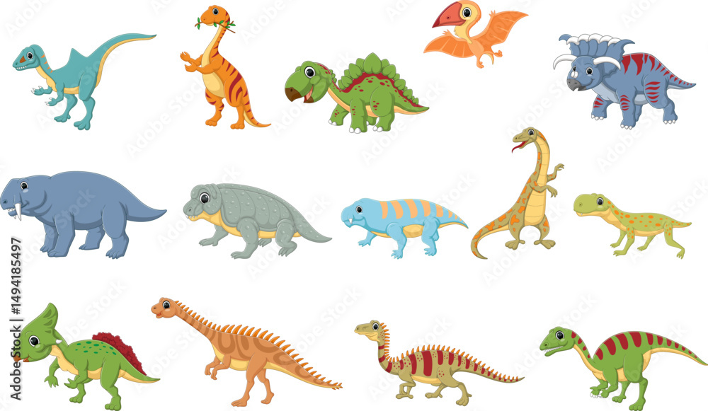Obraz premium Cute childrens dinosaurs set. carnivorous, herbivorous and flying dinosaurs.