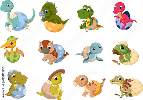 Funny smiling new born prehistoric dino reptiles in shells collection. Jurassic period wild nature