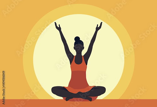Flat symbolic artwork of a mindful figure in robe or yoga clothes with arms lifted toward radiance, evoking themes of soul connection and renewal
