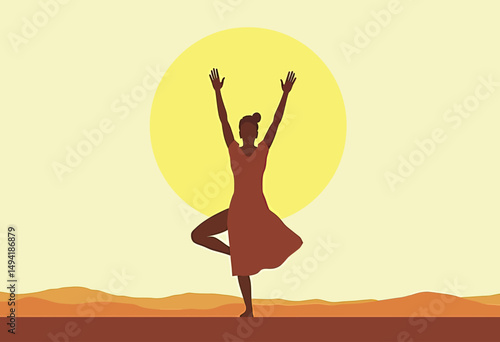 Minimal vector art of a flowing-robed figure reaching toward light or sun, expressing inner awakening, mindfulness, and personal transformation
