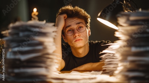 Young adult holding a stack of papers with dollar signs, looking stressed und...