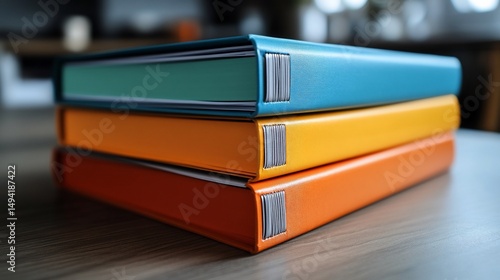 A vibrant stack of colorful photo albums capturing cherished memories beautifully arranged