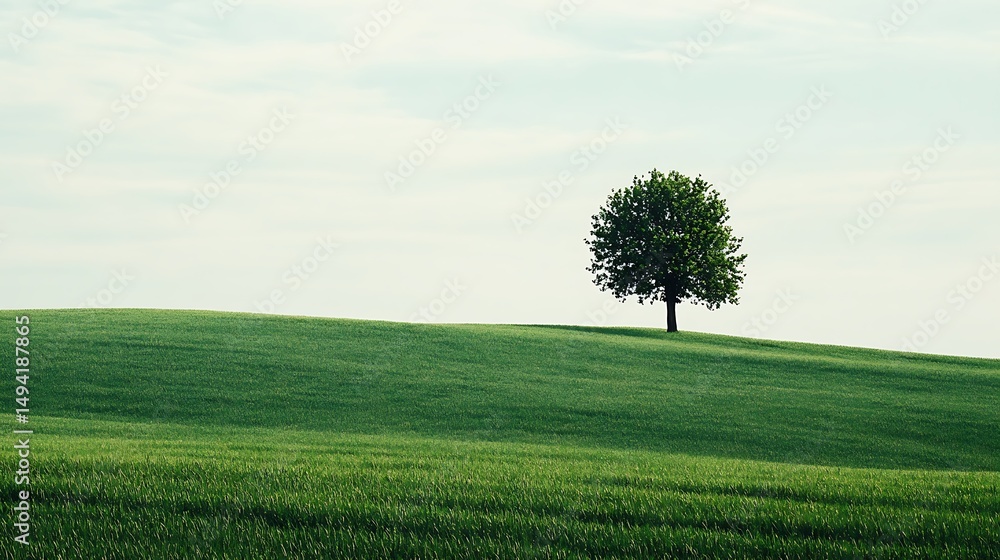 Fototapeta premium Solitary tree stands tall on a lush green hill under a bright sky.