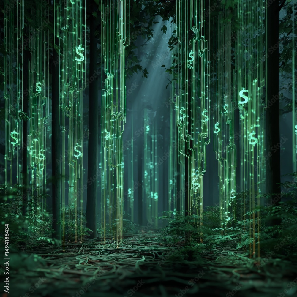 Obraz premium Enchanted Forest of Digital Currency Symbols Surrounded by Lush Greenery and Mysterious Light Flares Creating a Futuristic Atmosphere of Wealth and Nature