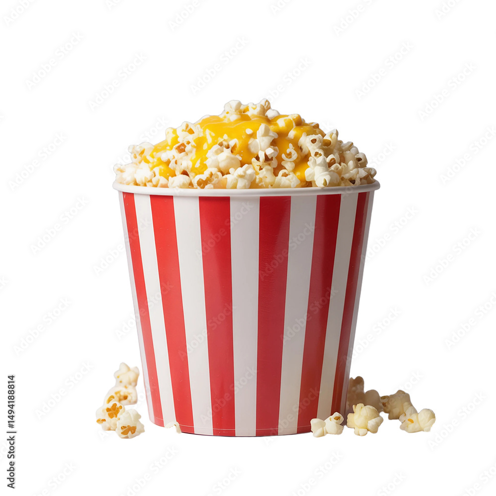 Large striped popcorn bucket overflowing with buttery popcorn kernels Isolated on white and transparent background Large striped popcorn bucket overflowing with buttery popcorn kernels Isolated on white and transparent background
