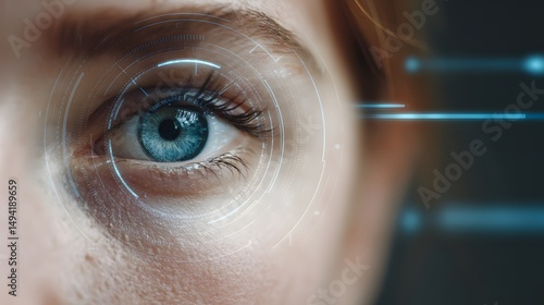 Close-up of a blue eye with digital interface elements around it, suggesting augmented reality or futuristic technology.