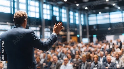 A speaker addresses a large audience at a conference, gesturing with his hand. The room is well-lit and filled with people.