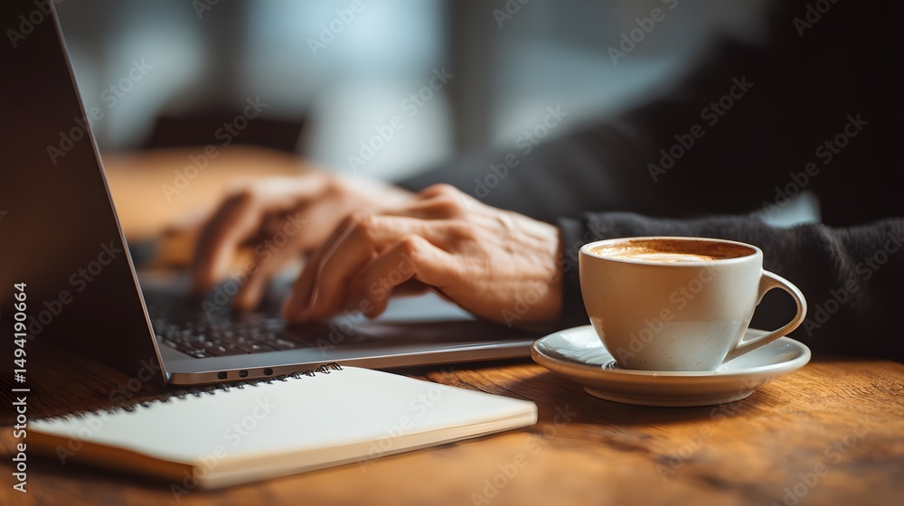Person working on laptop with a cappuccino and notebook, at a wooden table, indoor. Close-up of working hands and warm drink. Person working on laptop with a cappuccino and notebook, at a wooden table, indoor. Close-up of working hands and warm drink.