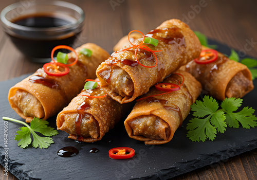 Crispy fried spring rolls on dark plate