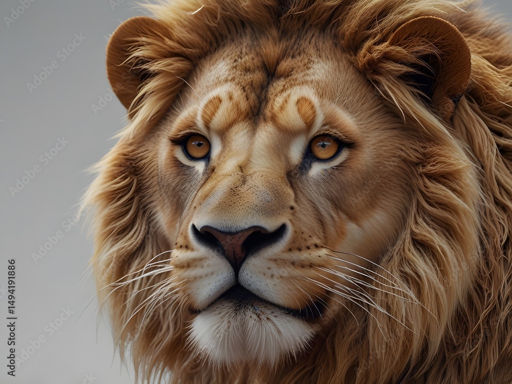 Naklejka premium Close up portrait of a majestic lion with a golden mane, intense gaze, and powerful features.