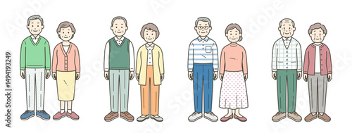 色々な服装の高齢夫婦のイラストセット
