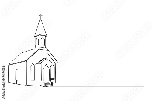 Continuous one line drawing of Church building. Single line drawing illustration of Church Catholic worship. Happy Ascension Day concept vector art. Doodle line illustration.
