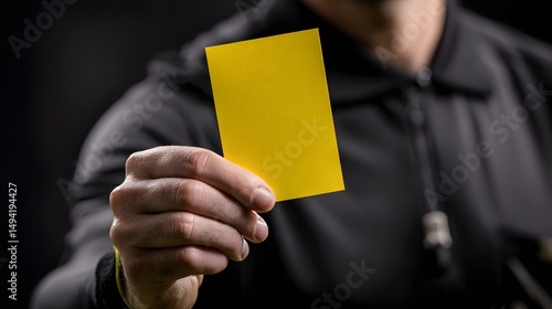 Referee showing a yellow card in a soccer game. The card signifies a caution given to a player for a rule infraction during the match.