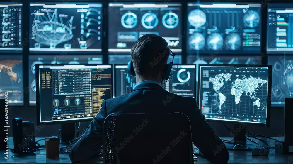 Focused data scientist analyzes global data on multiple computer screens Focused data scientist analyzes global data on multiple computer screens