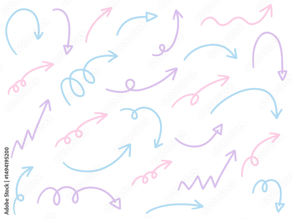 Fototapeta premium 手書きのゆるい矢印アイコンのベクターイラストセット。方向、手描き、シンプル、やじるし