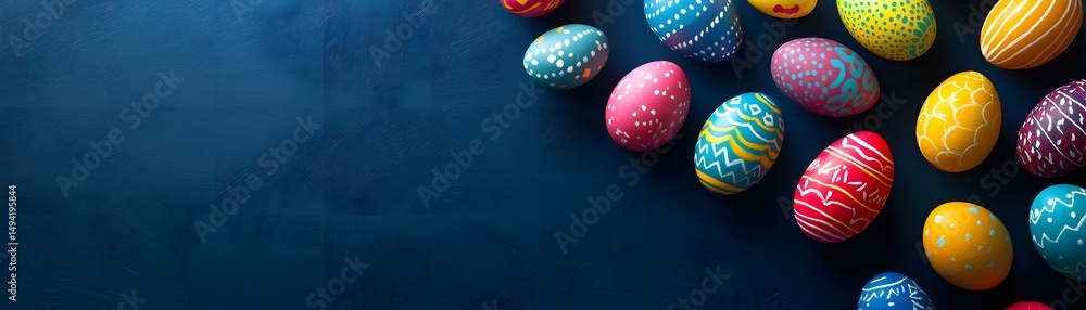 Fototapeta premium Vibrant colorful decorated eggs on a dark background.