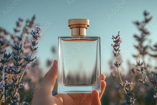 Flacon de parfum transparent dans un champ de lavande