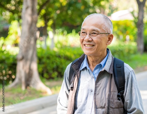 Golden Years: A portrait of a cheerful senior citizen strolling through a vibrant green park, radiating serenity and contentment, captured in a heartwarming moment.