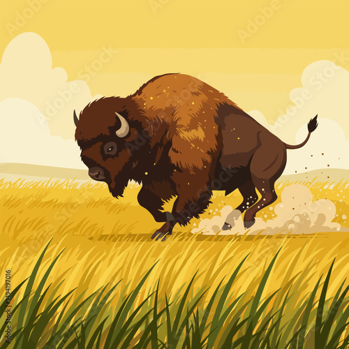 Bison Running Across a Golden Field Illustration with Dust Trail