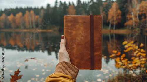 Journal en automne au bord d'un lac