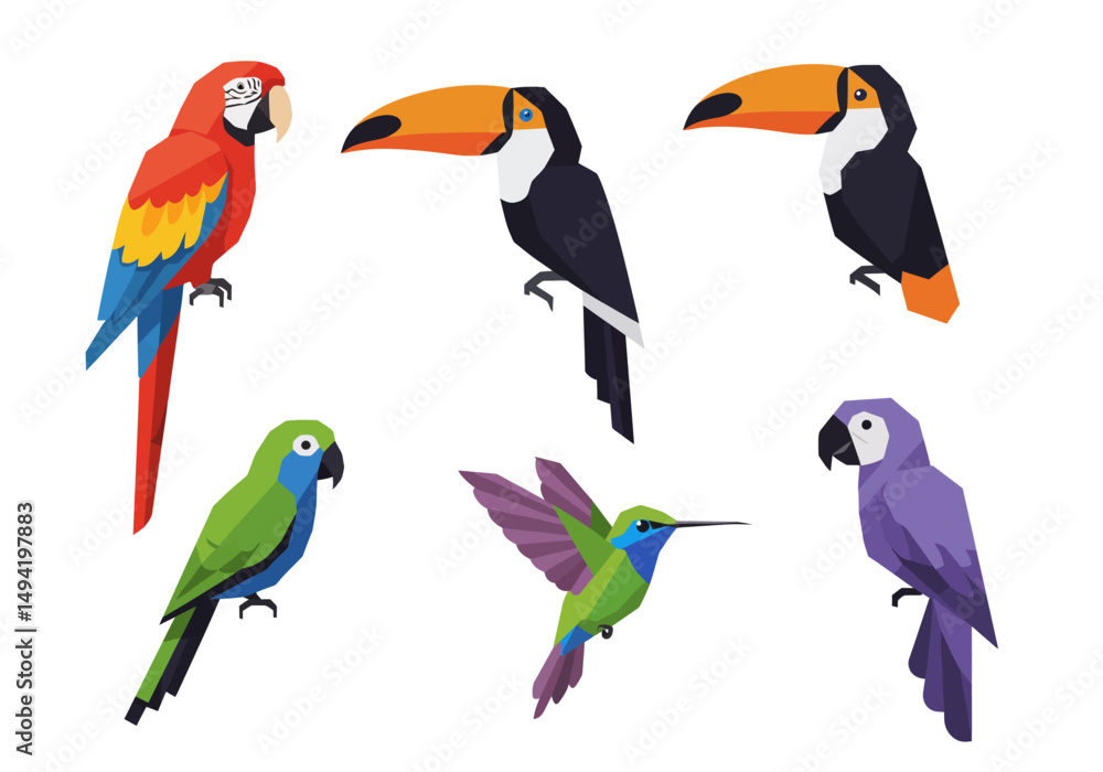 Obraz premium Colorful Geometric Tropical Birds in Flight and Pose