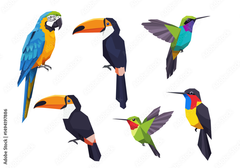 Obraz premium Colorful Geometric Tropical Birds in Various Poses