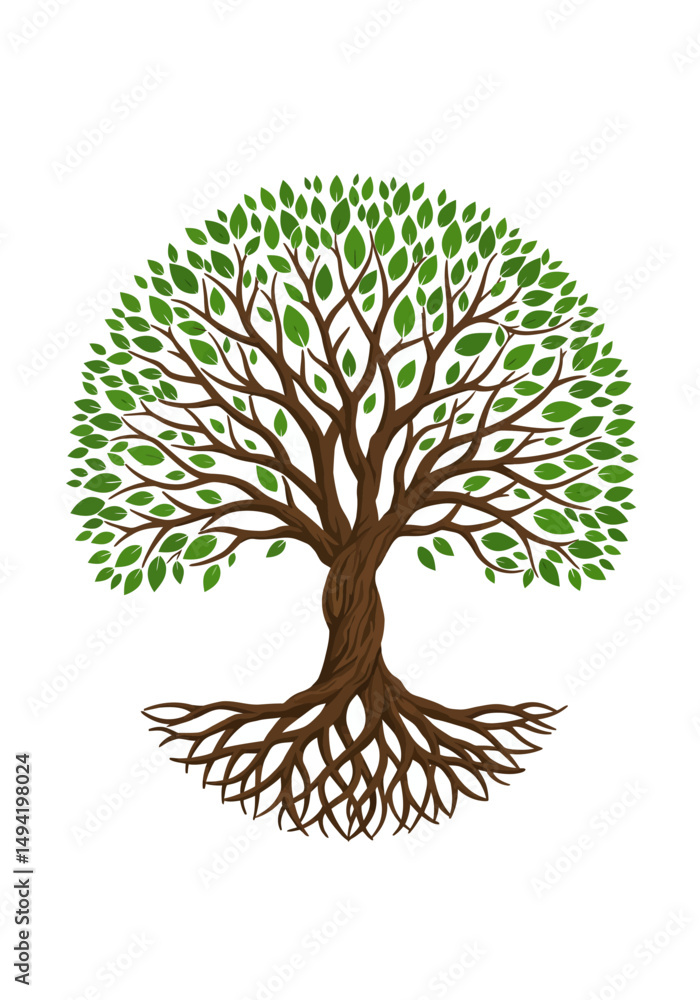 Naklejka premium Lush Green Tree with Intricate Root System Circular Canopy