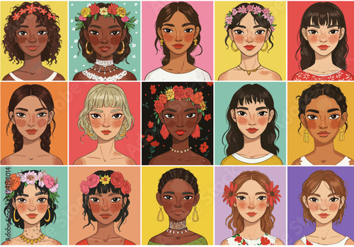 Diverse Portraits of Women Adorned with Floral Crowns and Accessories