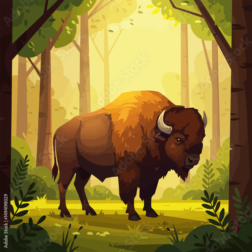 Bison Standing in Forest Illustration with Warm Sunlight and Trees