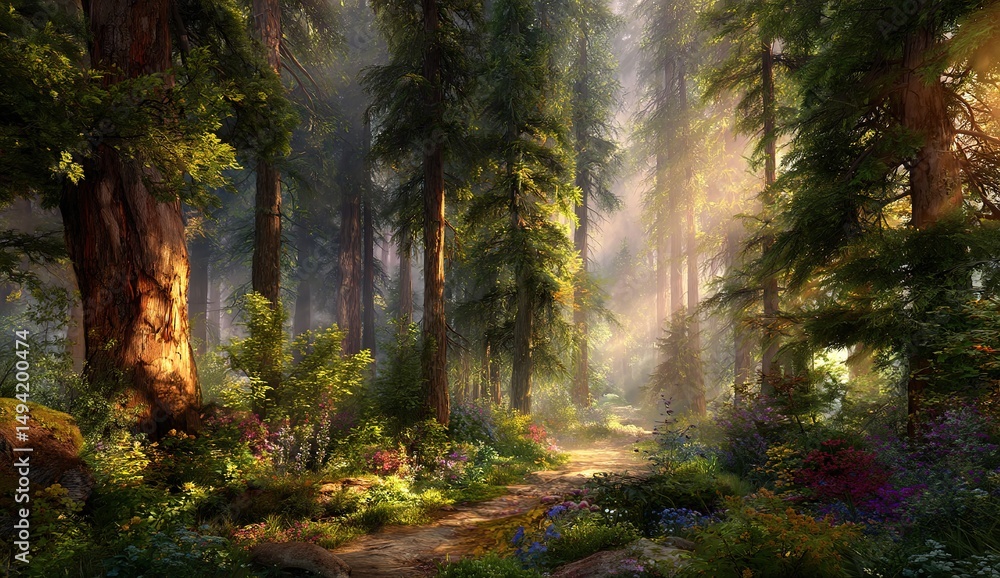 Naklejka premium Sunlit Path Through Colorful Forest