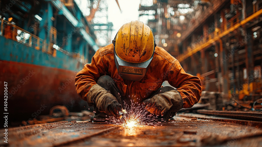 Welder in protective gear works diligently at large shipyard, surrounded by industrial structures and sparks flying from welding process Welder in protective gear works diligently at large shipyard, surrounded by industrial structures and sparks flying from welding process