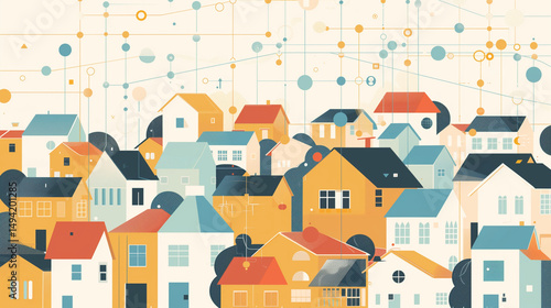 vector illustration of houses city with energy flowing from rooftop and solar panel