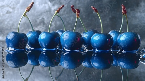 A vibrant display of deep blue cherries reflecting on a surface.