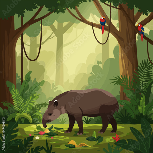 Tapir Feeding in Lush Tropical Forest with Parrots Watching