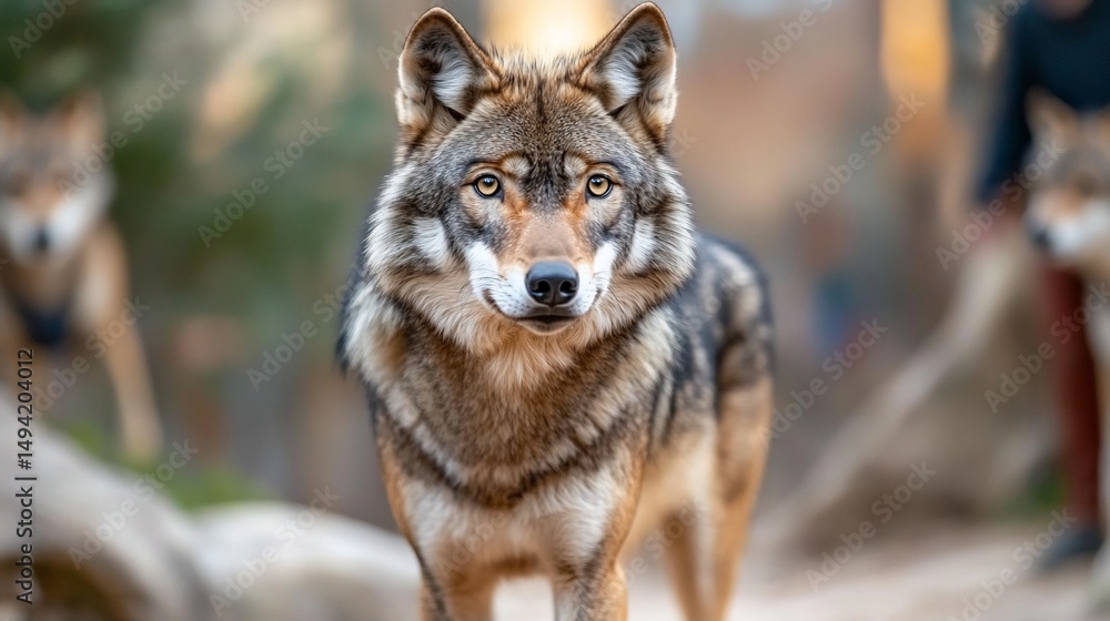 Obraz premium Close-up of majestic wolf with amber eyes, gazing forward, other wolves in background