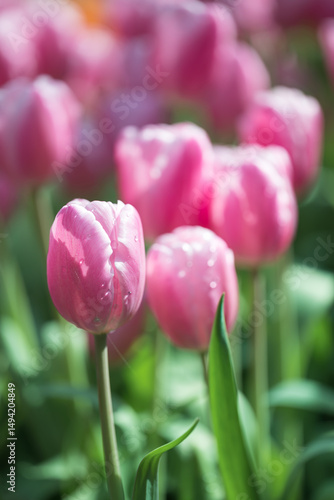 Pink tulips blooming at ornamental garden in spring time, Flower background