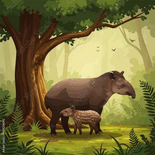 Tapir with Baby in Lush Forest Under Tree Canopy Illustration