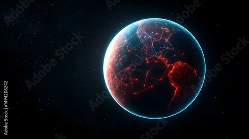 Wallpaper Mural The image shows a stylized representation of Earth from space, with glowing red and blue lines connecting various points on the surface, suggesting a network or interconnected system.  A dark, starry Torontodigital.ca