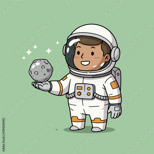 A cute cartoon astronaut holding a sparkling moon rock.

