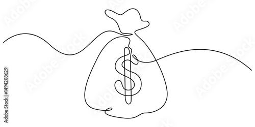 Money bag continuous line. Continuous one line drawing Money bag. Bag, money concept. Single line drawing, dollar money bag continuous line drawing. Hand holding coin continuous one line drawing art.