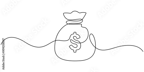 Money bag continuous line. Continuous one line drawing Money bag. Bag, money concept. Single line drawing, dollar money bag continuous line drawing. Hand holding coin continuous one line drawing art.