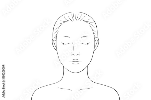 目を閉じたノーメイクの女性｜メイク練習・シミュレーション用線画イラスト素材