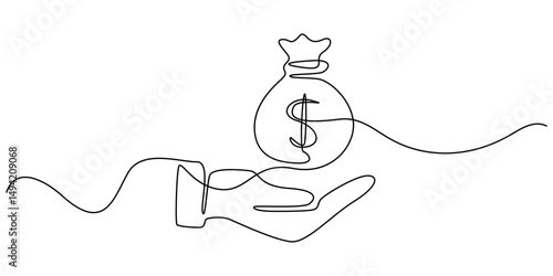 Continuous one line drawing of hand holding money bag. Money storage and investment single Line art. Saving, Investment and finance bank concept, Hand holding money bag with coins stack continuous one