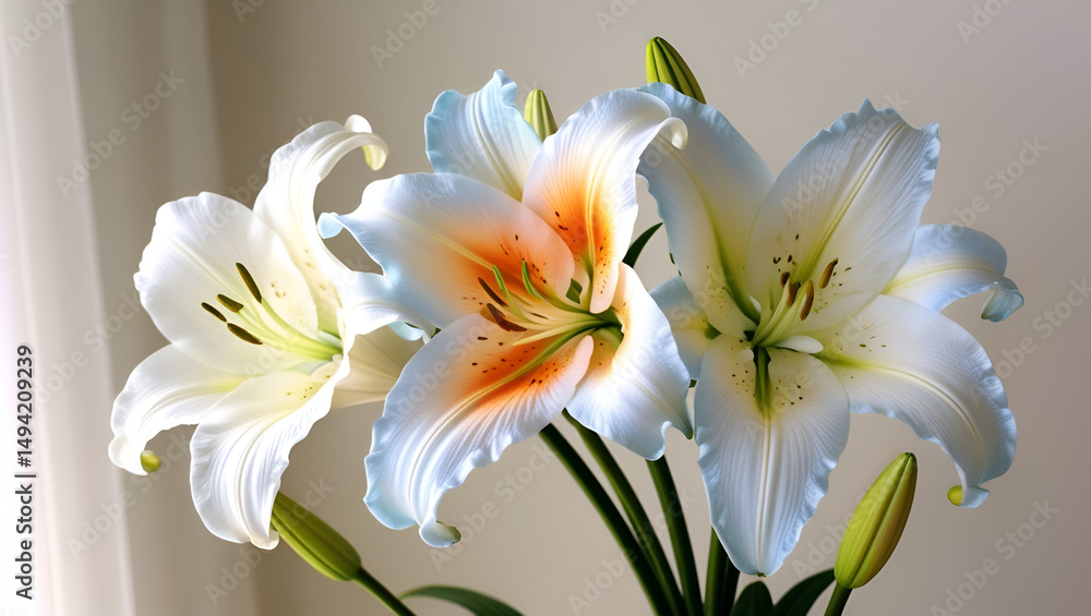 Fototapeta premium Macro shot capturing the delicate petals of white, orange, and light blue lilies in full bloom, showcasing their vibrant textures and graceful forms