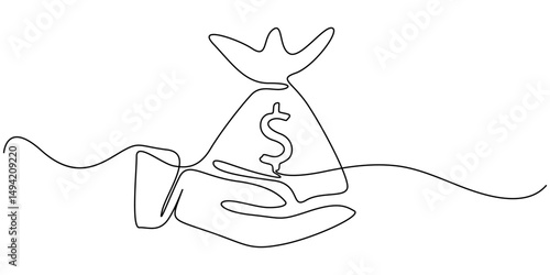 Continuous one line drawing of hand holding money bag. Money storage and investment single Line art. Saving, Investment and finance bank concept, Hand holding money bag with coins stack continuous one