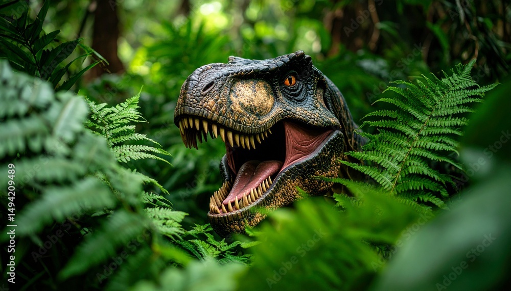 Obraz premium A Fierce and Angry T-Rex Dinosaur Emerging from Jungle Leaves with Only Its Head Visible, Captured in a Cinematic Shot with Dramatic Lighting to Create a Suspenseful and Terrifying Prehistoric Scene