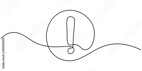 Attention Getting Continuous Line Editable Stroke Icon, Continuous linear drawing of exclamation mark. Single-line drawing of an exclamation mark. Exclamation mark in one line style vector.