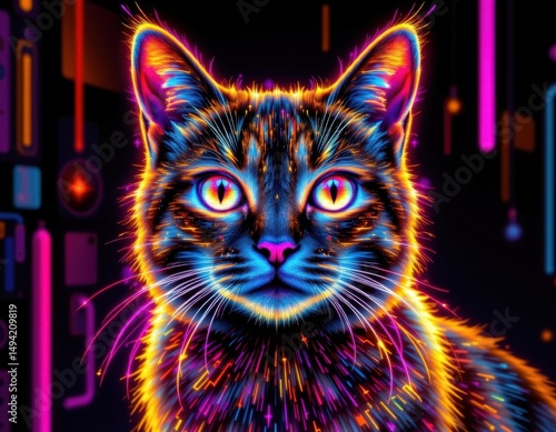 a neon glow style with bright, fluorescent colors outlining the cat and creating a glowing, digital vaporwave aesthetic.